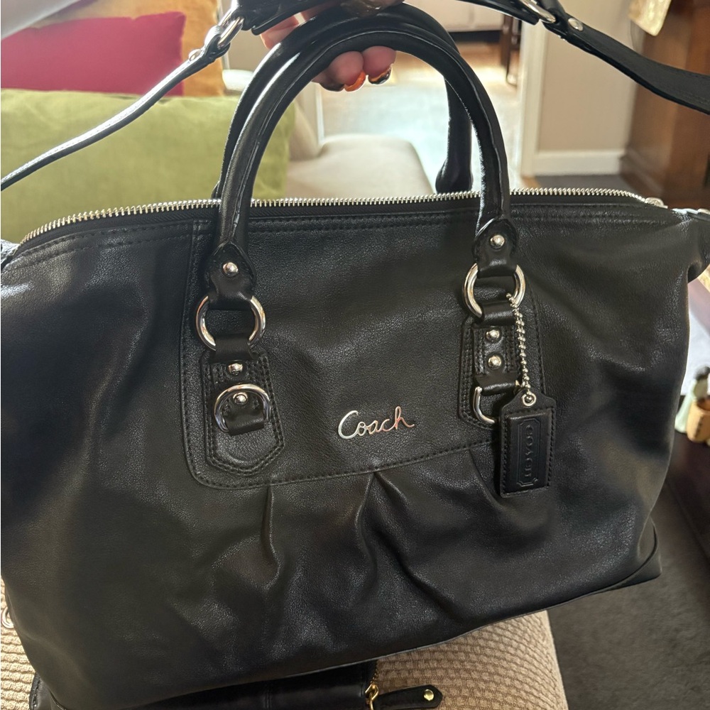 Authentic Coach Black Leather Tote with Silver Accents